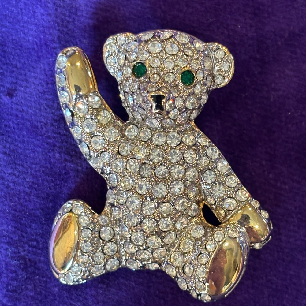 Vintage Pave Crystal Teddy Bear Brooch Gold Tone Waving Bear Pin Green Eyes